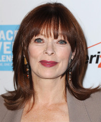 Emily Deschanel Medium Straight Dark Red Hairstyle with Side Swept Bangs