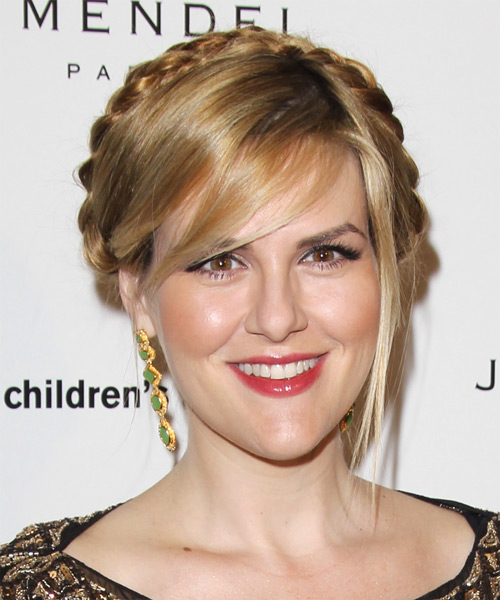 Sara Rue  Long Straight   Dark Blonde Braided Updo  with Side Swept Bangs  and Light Blonde Highlights