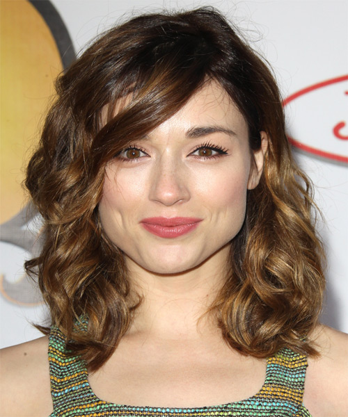 Crystal Reed Medium Wavy    Golden Brunette   with Side Swept Bangs  and  Blonde Highlights