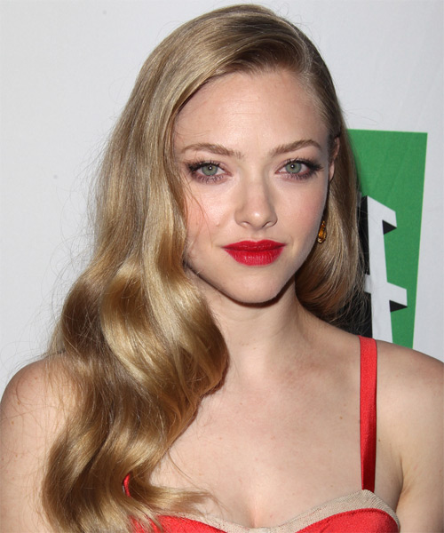Amanda Seyfried's super smooth long golden blonde hair and an orange cowl  necked dress