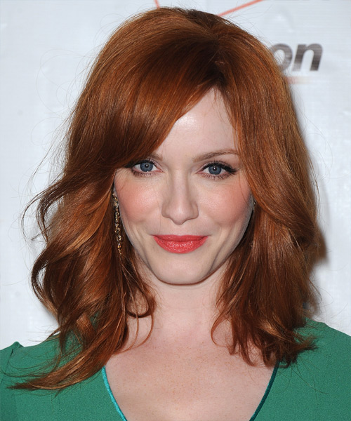 Christina Hendricks Medium Straight    Copper Red   Hairstyle with Side Swept Bangs 