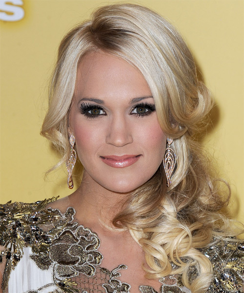 Carrie Underwood Long Curly Half Up Hairstyle with Side Swept Bangs and Pinned Back Curls