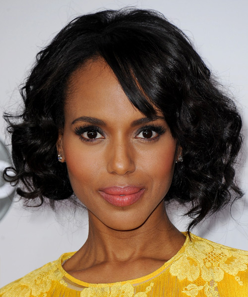 Kerry Washington Medium Curly Layered Black Bob Haircut ...