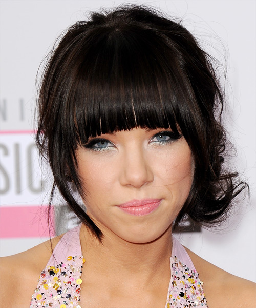 Carly Rae Jepsen Curly   Dark Mocha Brunette with Blunt Cut Bangs - side view