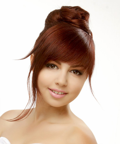 Smooth Red Formal Updo With Straight Bangs