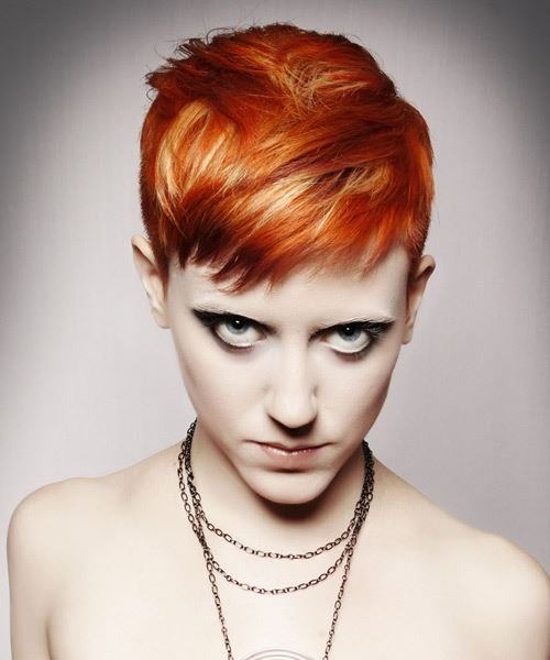 Fiery And Tapered Short Bright Orange Hairdo With Long Top