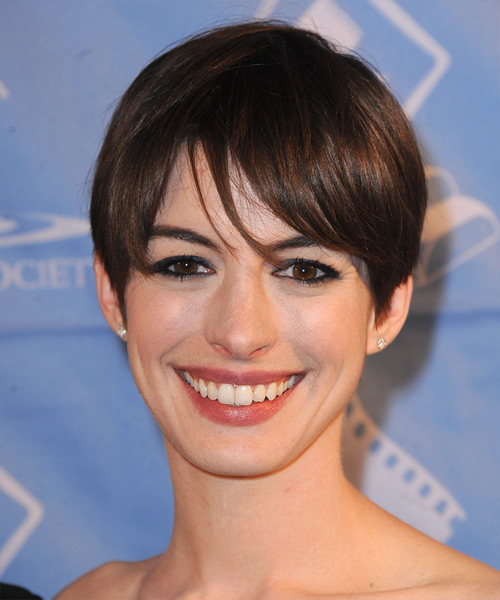 Anne Hathaway Short Straight   Dark Brunette   Hairstyle with Layered Bangs