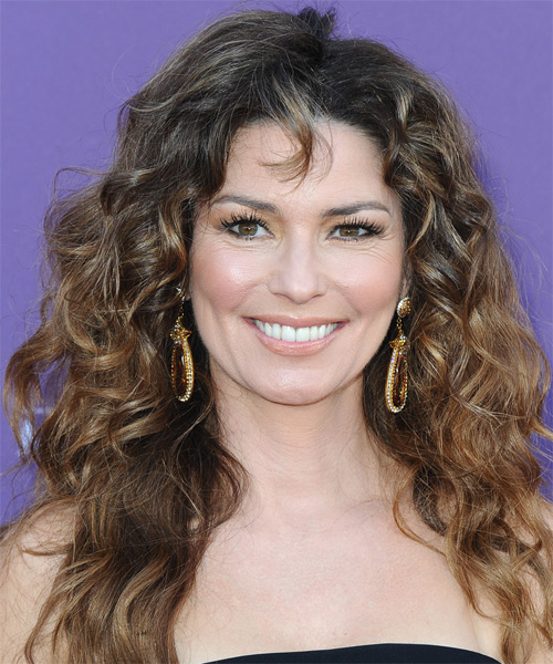 Shania Twain Long Curly   Dark Brunette   Hairstyle with Layered Bangs