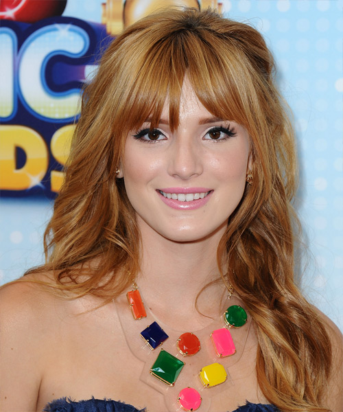 Bella Thorne Long Wavy   Dark Copper Blonde   Hairstyle with Blunt Cut Bangs  and Light Blonde Highlights