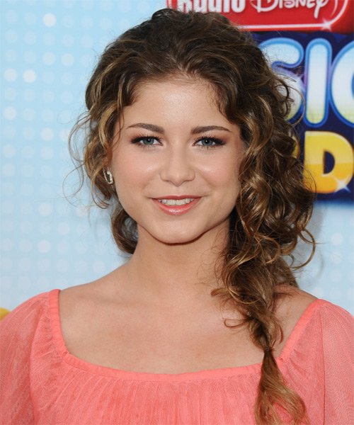 Sofia Reyes   Long Curly    Brunette Braided Half Up Half Down Hairstyle   with Dark Blonde Highlights