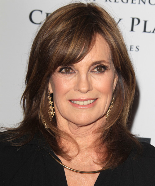 Linda Gray Medium Straight    Brunette   Hairstyle with Side Swept Bangs  and Dark Blonde Highlights