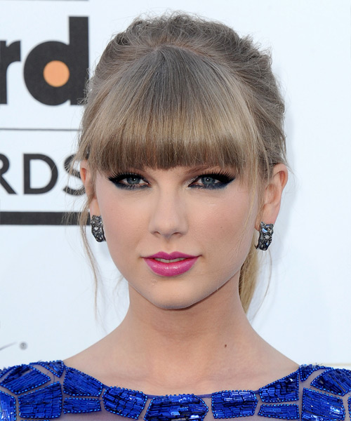 Taylor Swift  Long Straight    Updo  with Blunt Cut Bangs 