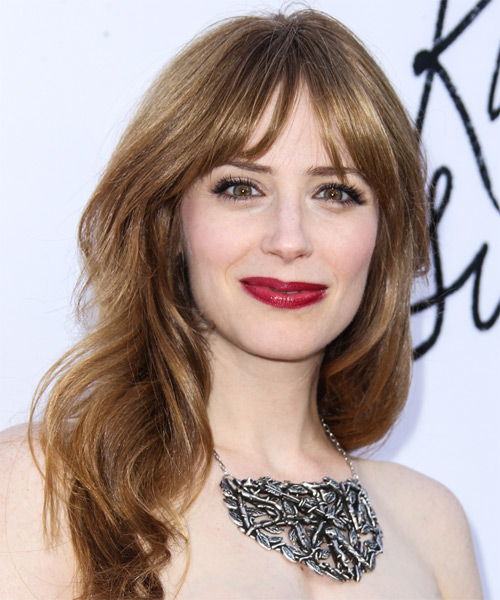 Jaime Ray Newman Long Straight   Light Caramel Brunette   Hairstyle with Layered Bangs  and  Blonde Highlights