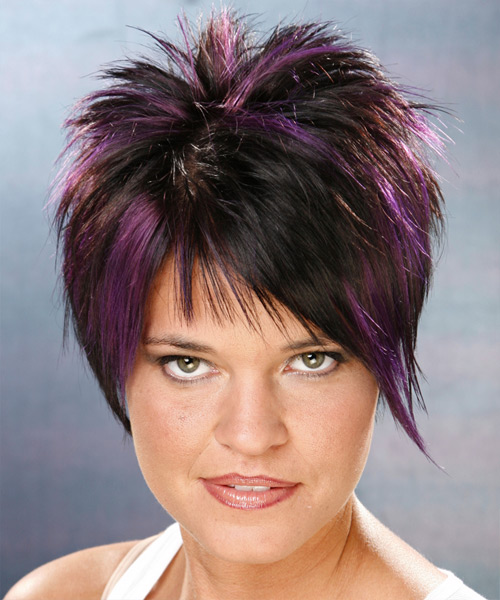Short Black Plum Hairstyle with Purple Highlights And Height