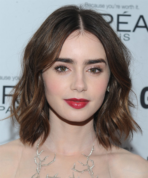 Lily Collins Medium Straight    Mocha Brunette   Hairstyle