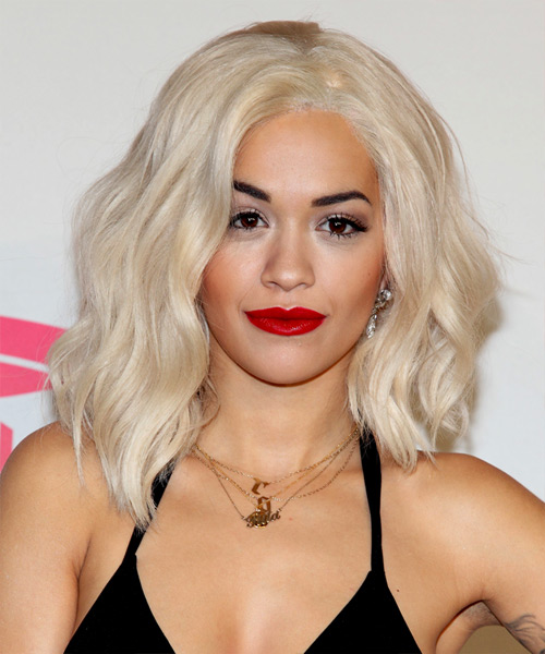 Rita Ora Medium Wavy Casual Hairstyle - Light Platinum Blonde Hair Color