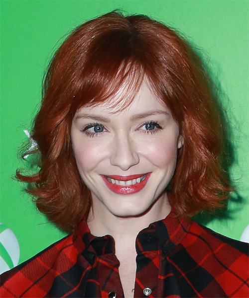 Christina Hendricks Medium Wavy    Red   Hairstyle with Side Swept Bangs