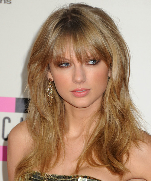 Taylor Swift Long Straight   Dark Golden Blonde   Hairstyle with Layered Bangs