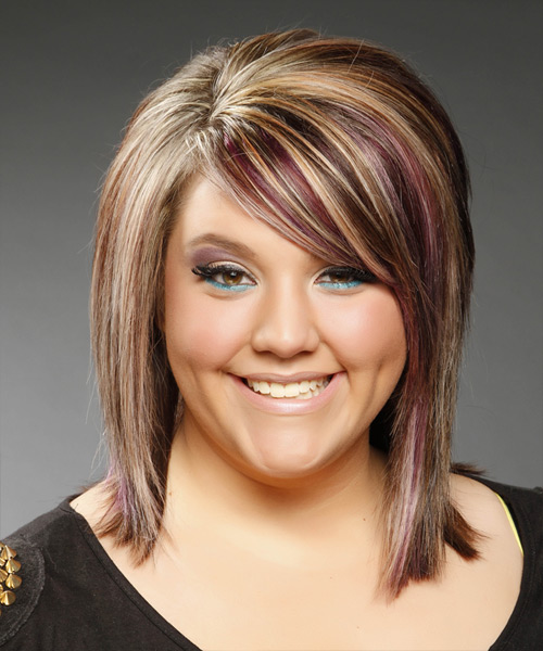  Medium Straight    Caramel Brunette   Hairstyle with Side Swept Bangs  and Purple Highlights