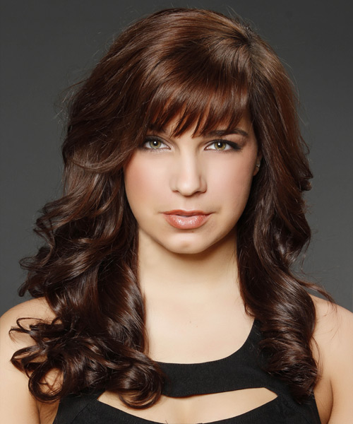 Long Chocolate Brunette Hairstyle With Side-Parted Bangs