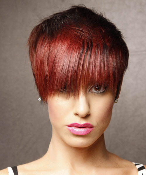 Short Straight Emo Hairstyle with Layered Bangs - Black and Medium Red Two-Tone Hair Color