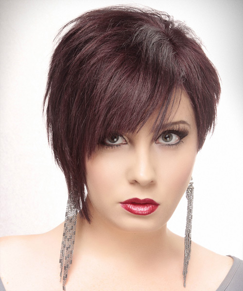 Short Dark Plum Red Straight Asymmetrical Haircut