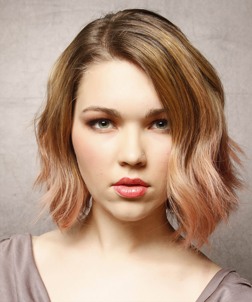 Jagged cut golden blonde bob with pink bayalage highlights