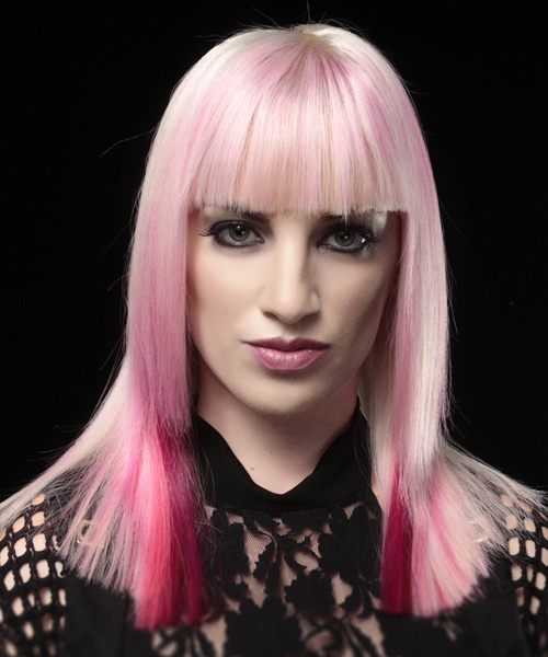 Long Straight Pink Hairstyle with Blunt Cut Bangs