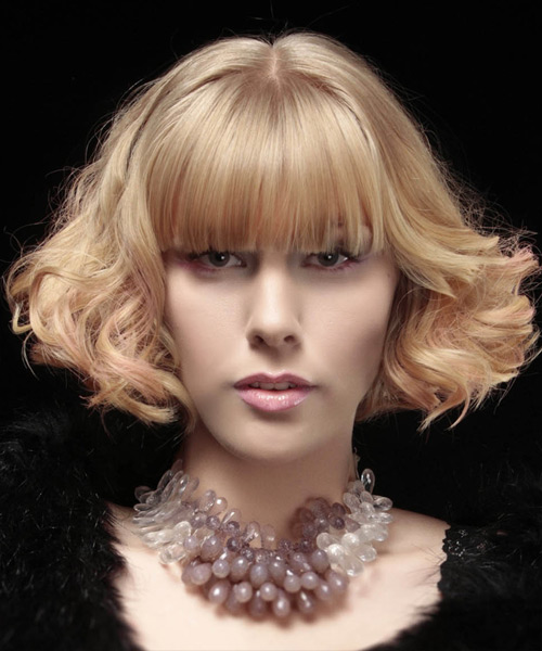 Short Curly Formal Layered Bob Cutwith Blunt Cut Bangs - Light Strawberry Blonde Hair Color