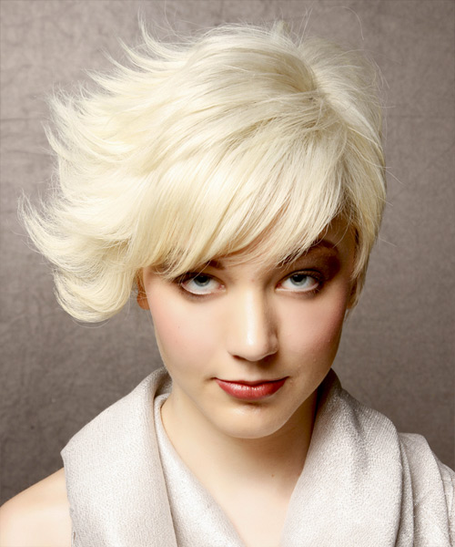 Short Platinum Blonde Flicked Out Asymmetrical Haircut