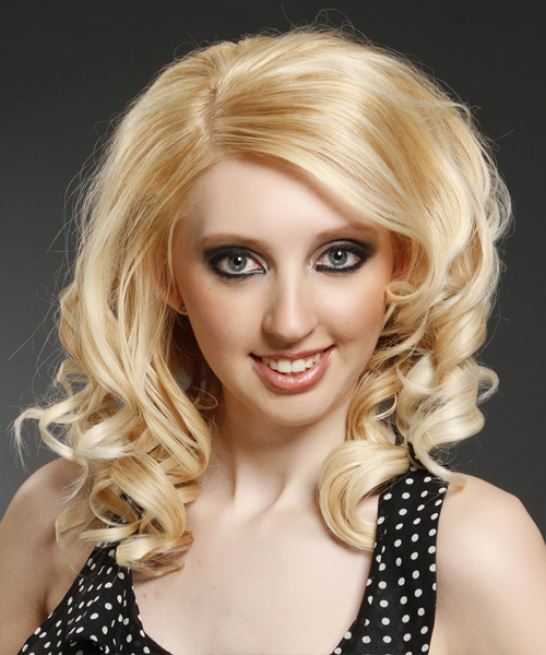  Medium Curly   Light Honey Blonde   Hairstyle with Side Swept Bangs  and Light Blonde Highlights