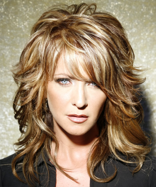 Wavy    Caramel Brunette with Side Swept Bangs  and Light Blonde Highlights - side view