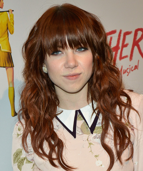 Carly Rae Jepsen Long Wavy    Auburn Red   Hairstyle with Layered Bangs