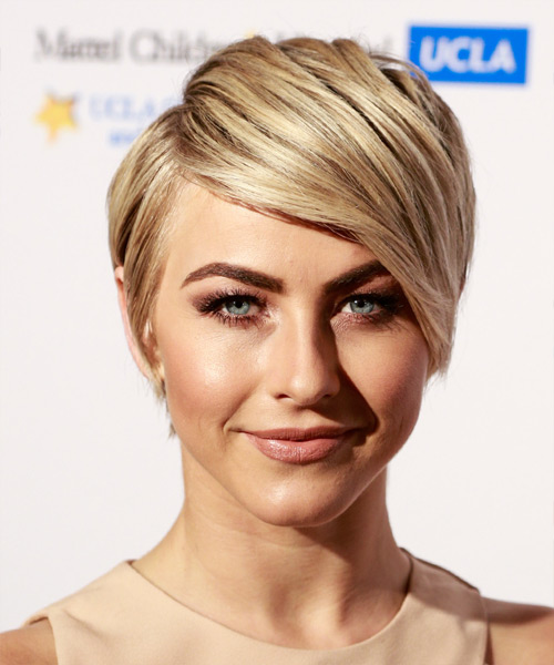 Julianne Hough Short Straight Hairstyle with Side Swept Bangs - Medium Blonde Hair Color with Light Blonde Highlights