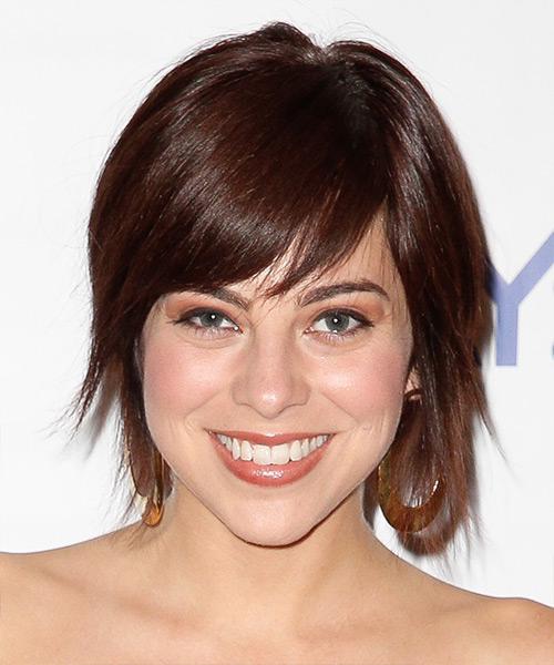 Krysta Rodriguez Medium Straight   Dark Mahogany Red   Hairstyle with Side Swept Bangs