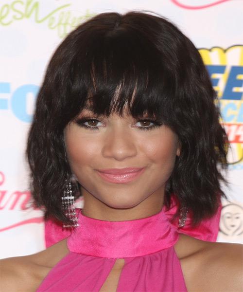 Zendaya Coleman Medium Wavy Dark Brunette Boho Waves with Blunt Cut Bangs