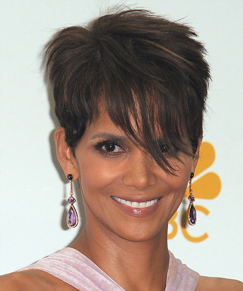 Halle Berry Short Straight Dark Brunette Hairstyle with Side Swept Bangs