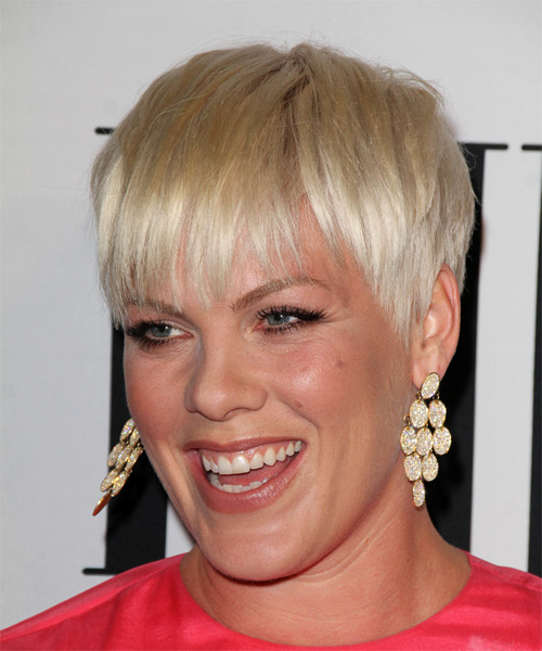 Pink Layered  Light Golden Blonde Pixie  with Layered Bangs - side on view