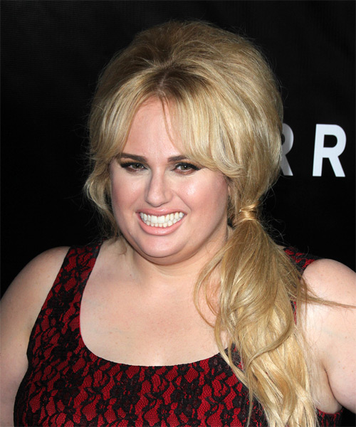Rebel Wilson wears a bouffant puff hairstyle with a low side ponytail
