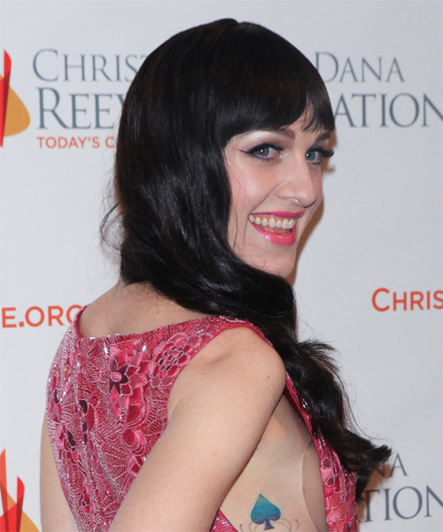 Lena Hall Long Wavy   Black    Hairstyle with Blunt Cut Bangs - view from the side