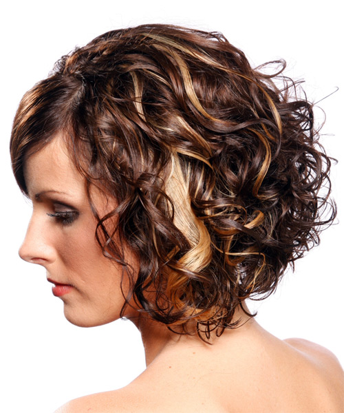Curly  Hairstyle With Volume And Blonde Highlights - side on view