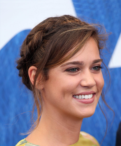 Matilda Lutz Long Straight Brunette Plaited Updo with Side Swept Bangs