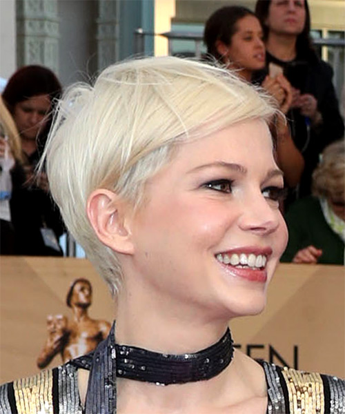 Michelle Williams Light Platinum Blonde Pixie  with Side Swept Bangs - side on view