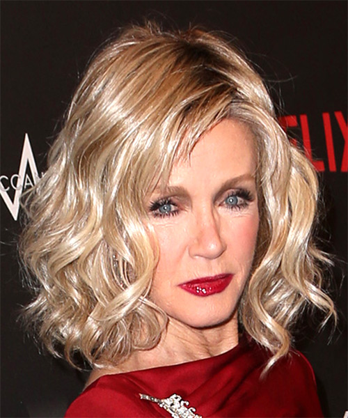 Donna Mills Medium Wavy   Light Blonde Bob  with Side Swept Bangs - side on view