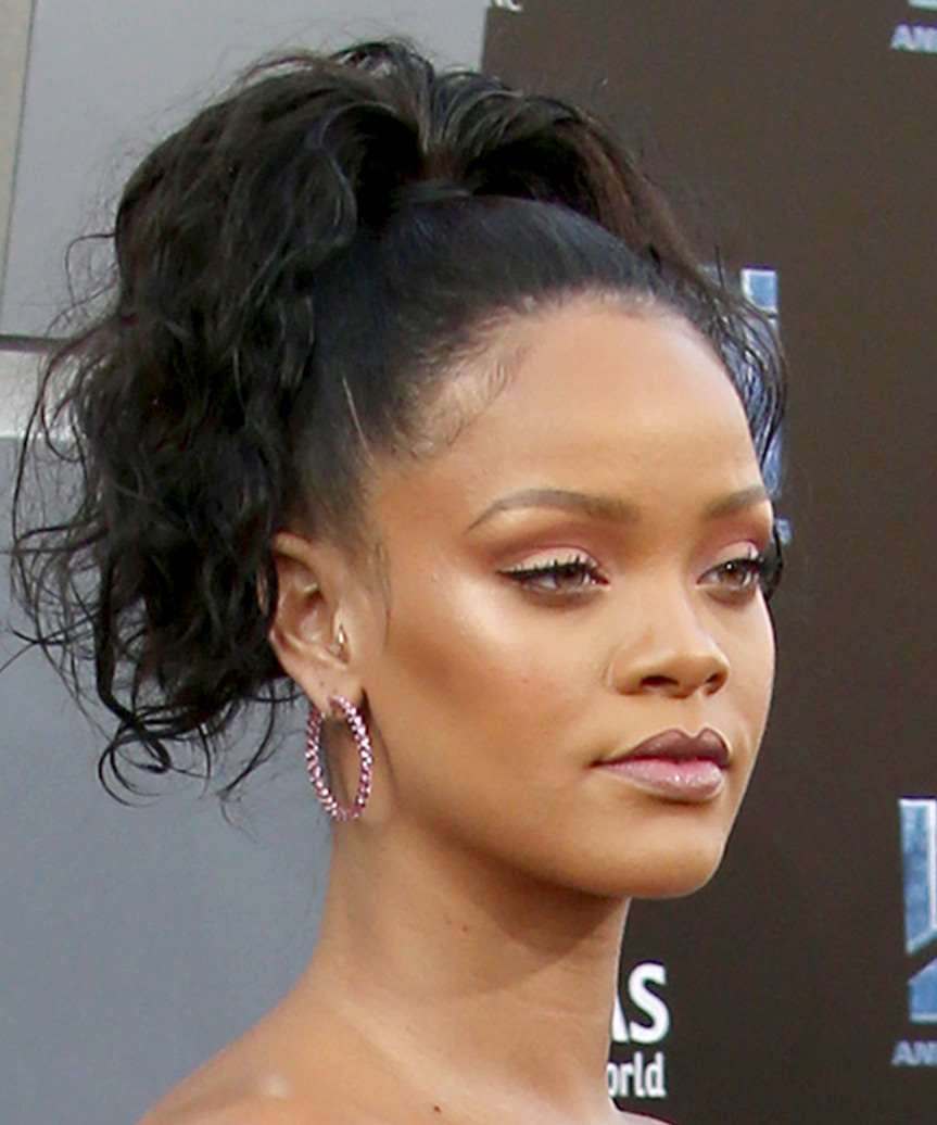 Rihanna Casual Curly Updo - side on view