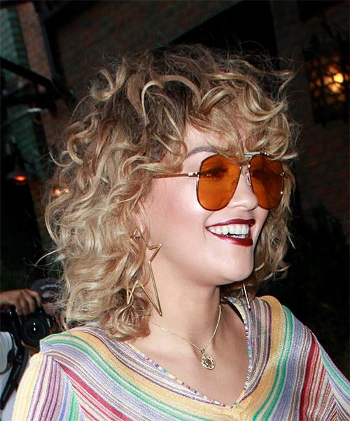 Rita Ora Medium Curly   Light Brunette Shag  with Layered Bangs - side on view