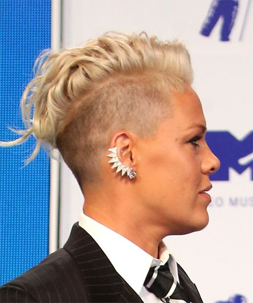 Pink Short Wavy   Light Platinum Blonde Mohawk - side on view