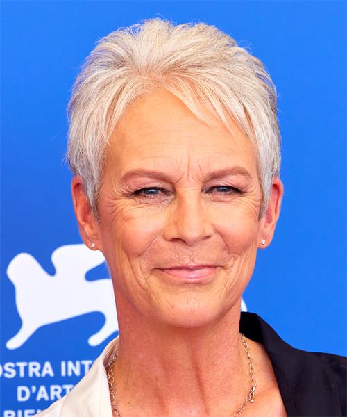 Jamie Lee Curtis Light Grey Pixie Haircut - side on view
