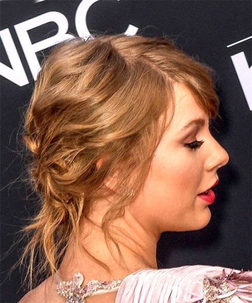 Taylor Swift Medium Wavy    Blonde  Updo  with Side Swept Bangs  - Side on View