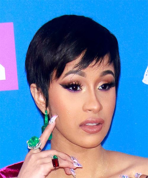 Cardi-B     Black  Pixie  Cut with Side Swept Bangs  - Side on View
